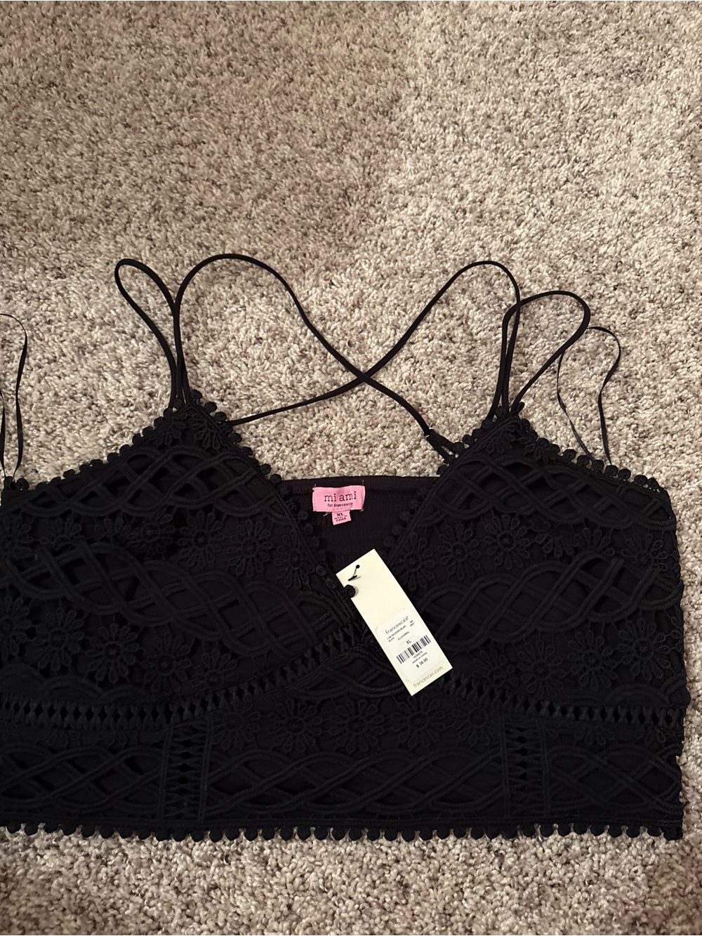 Francesca's old miami launch black lace cross back strappy tank top